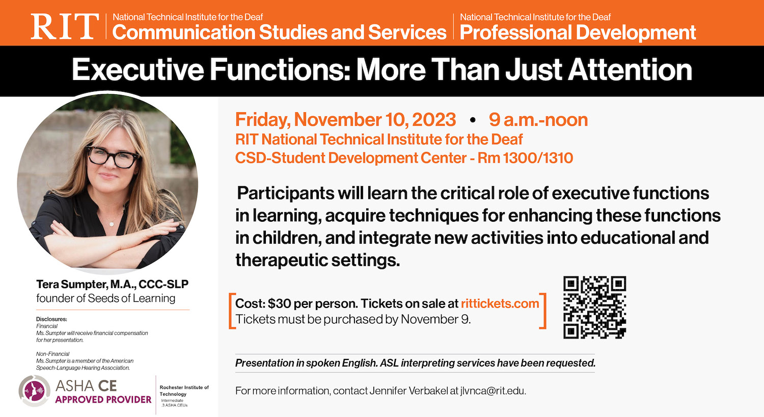 Event poster with header on an orange background with lockups for NTID CSS and NTID PD in white. Program title on black background and white text. Photo of presenter in a circle shape on the left. On the right date, time location in red text. Abstract, registration link and contact info follow.